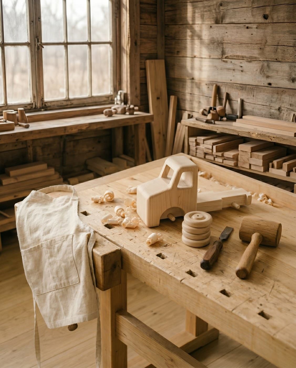 A Sprigby workshop bench in soft window light, with a wooden toy truck taking shape