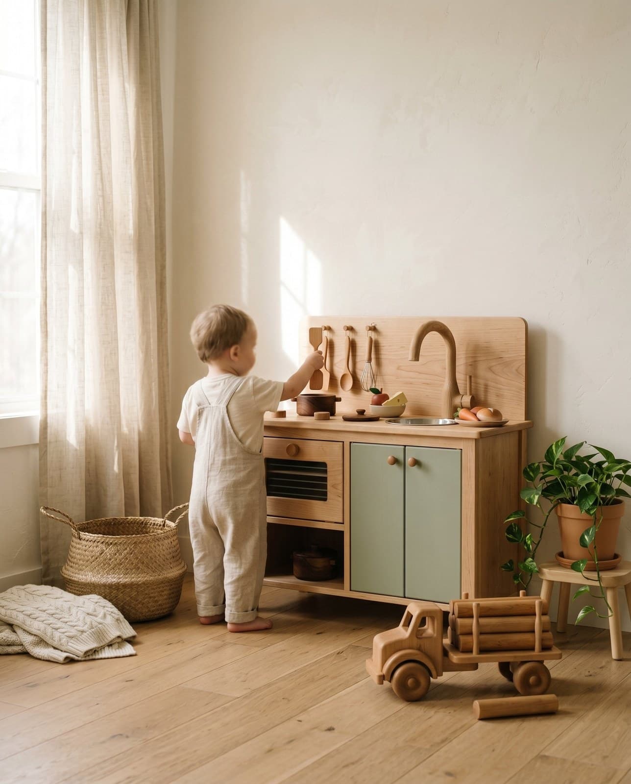 A toddler playing at a Sprigby wooden play kitchen in a sunlit nursery, with the wooden log truck nearby