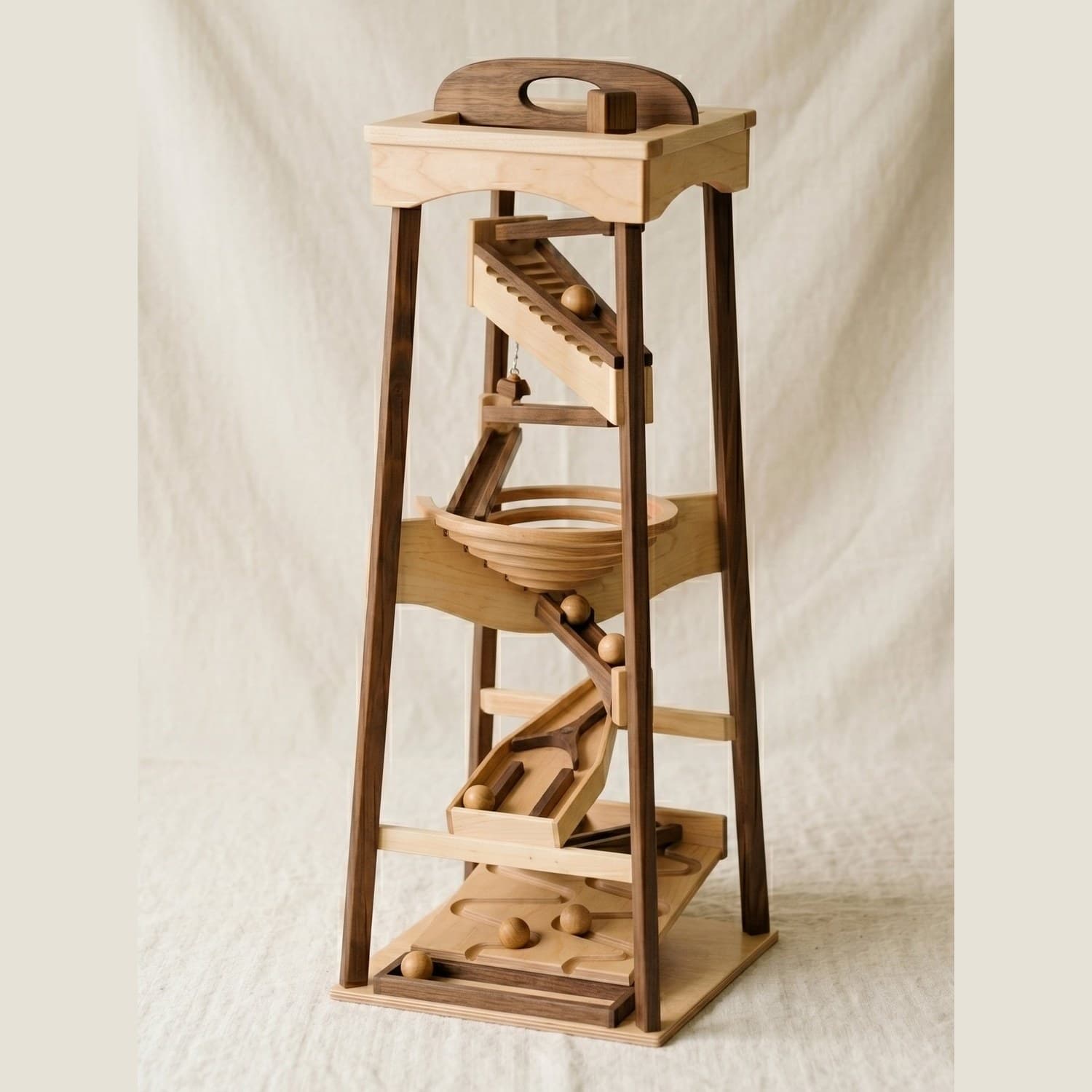Sprigby handcrafted wooden marble run in maple and walnut